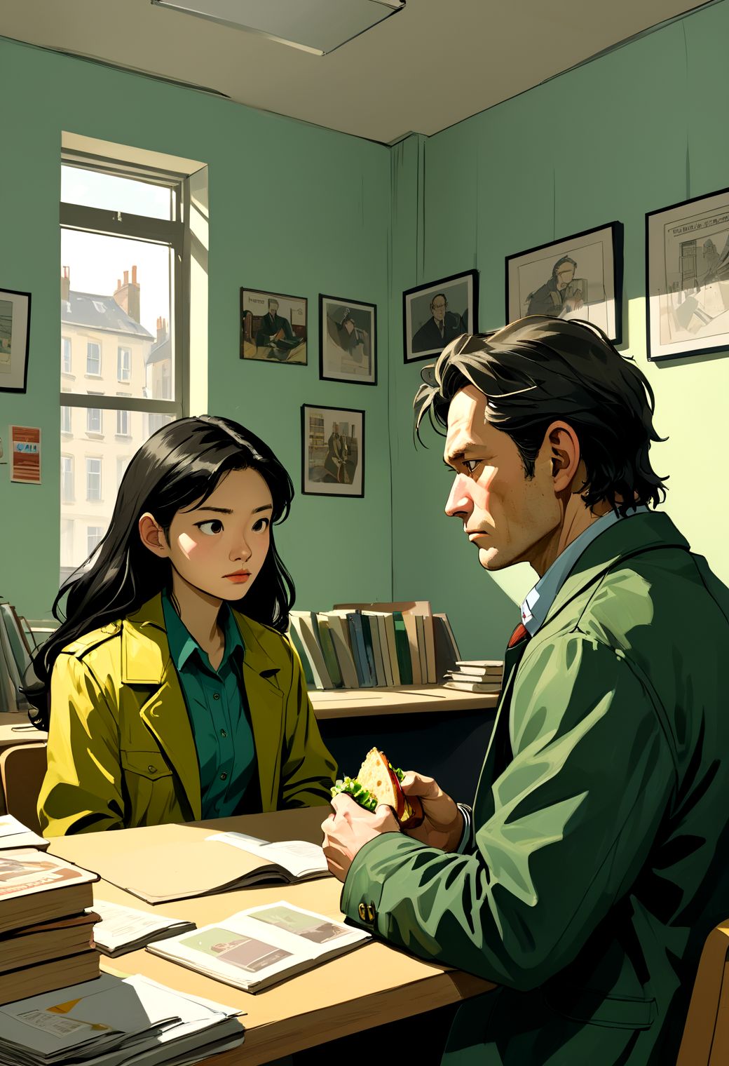 36765-3706935489-cinematic view, wide angle, an seated man with a dark green jacket  talking to a young asian lady in casual outfits and pale yel.jpg